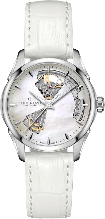 Hamilton Jazzmaster Open Heart Automatic Women's Watch, 36mm Stainless Steel Case, Swiss Made, Mother of Pearl Dial Analog Wrist Watch, 50m Waterproof, Sapphire Crystal, Cow Leather Strap