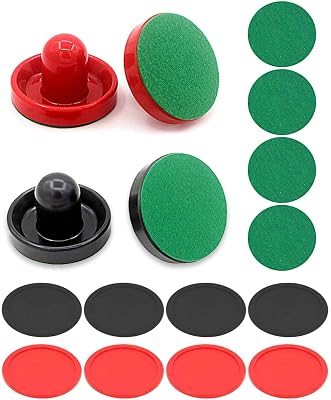 16PCS Air Hockey Pucks and Paddles, Mini Goal Handles Pushers 4 Pushers 4 Pads 8 Pucks