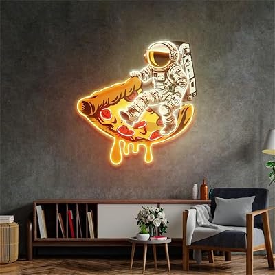 Astronaut on Pizza Neon Sign Custom Business Pizza Logo Signs Led Light Space Neon Light Up Sign Wall Art Decor for Pizza Restaurant, Food Truck, Living Room, Party 24in