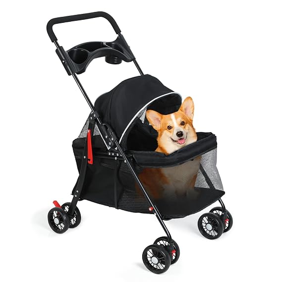 Dog Strollers for Small Dogs, 4 Wheels Pet Stroller Dog Trolley On Wheels Foldable Cat Pram Strollers with Cup Holder Load 20LBS 360Breathable Mesh Windows Strolling Cart for Puppy Extended Walks B