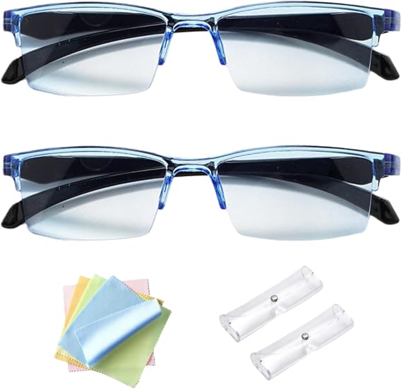 2 Pcs Auto Focus Glasses, Self Adjusting Vision Glass Anti-Blue Automatic Smart Zoom Reading Presbyopia Intelligent Dual Focus As Seen On Tv With Case And Glasses Cloth For Men Women (Blue)