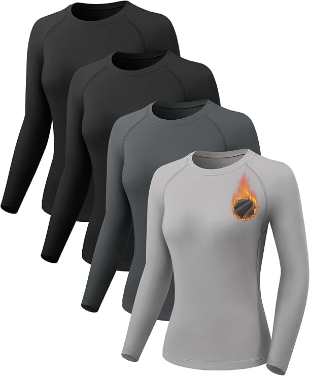 4 Pack Thermal Long Sleeve Shirts for Women Fleece Lined Compression Shirts Yoga Athletic Workout Tops