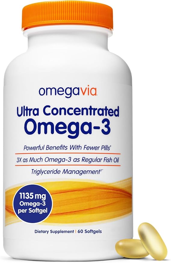 OmegaVia Ultra Concentrated Omega 3 Fish Oil, EPA DHA 1135 mg (60 Softgels) | 3x More Omega-3 in One Pill, Burp Free Omega 3 Supplement for Women & Men, Triglyceride Form, Brain & Joint Support