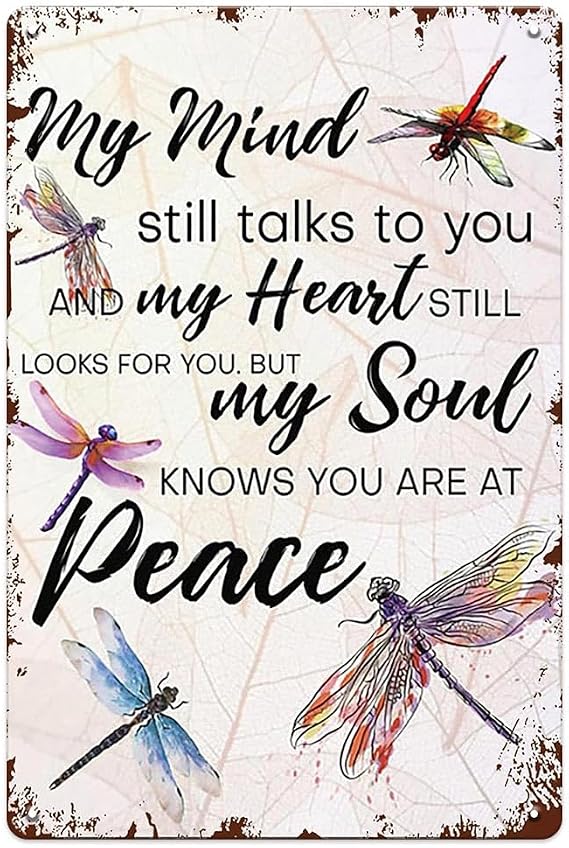 YOYI ART Metal Dragonfly Wall Decor Sign - My Mind Still Talks to You, Vintage Tin Signs for Home, Bedroom, Kithcen, Garden, Patio and Yard Wall Art Accessories, Gifts for Women, 8 x 12 inch