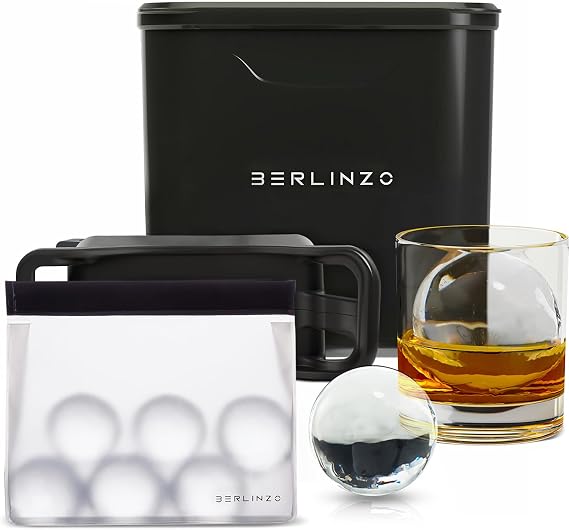Berlinzo Premium Clear Ice Ball Maker Mold with Ice Storage Bag - 2 Large 2.4" Crystal Clear Ice Balls - Easy-to-Remove Ice Sphere Mold - Storage Bag Included, Black (Non-Electric Ice Maker)