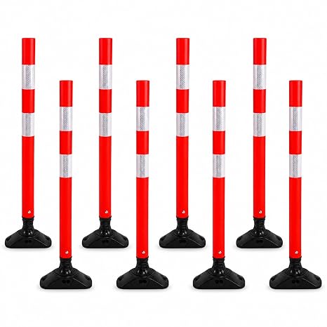 BESEA 8PCS 36" Traffic Delineator Posts with Detachable Base & High-Visibility Reflective Collars,Orange Flexible Safety Cones for Driveway, Parking Lot, Roadway, and Work Zone