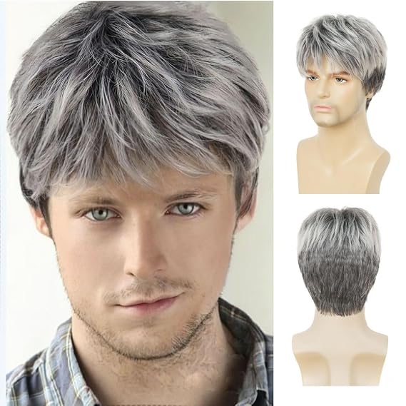 Mens Grey Short Wig Layered Natural Synthetic Heat Resistant Wig Realistic Male Hair Wig for Daily Use