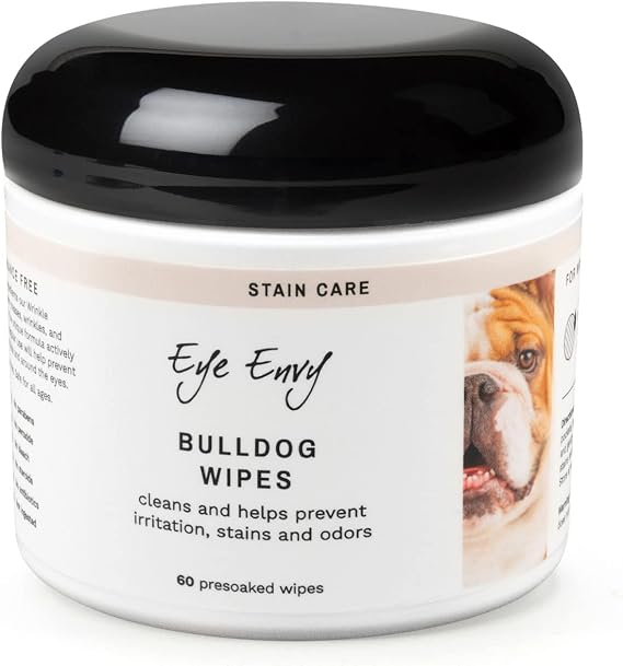 Eye Envy Bulldog Wrinkle Wipes for French, Pug, English Bulldogs - Cleans Wrinkles, Tail Pockets, Removes Stains and Odors - Natural, Unscented, USA Made - 60 Count