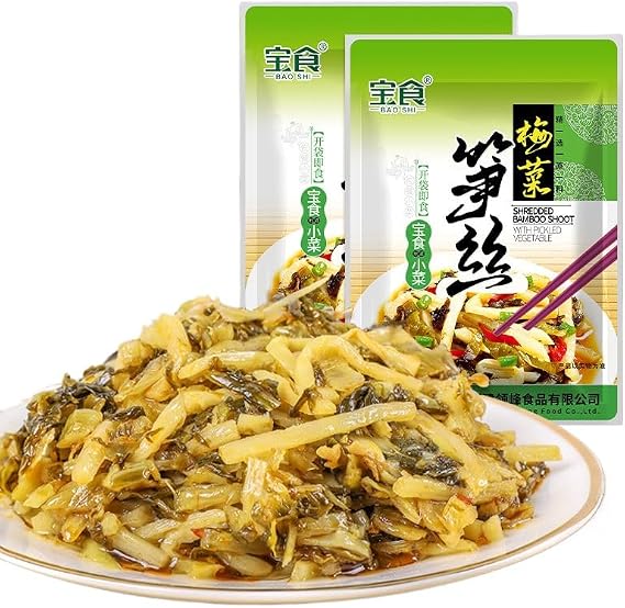 Preserved mustard green and bamboo shoots shredded, instant pickled vegetables 80g, breakfast Congee spicy side dishes, delicious kimchi, Chinese specialty pickles, bamboo shoot silks (2 packs)