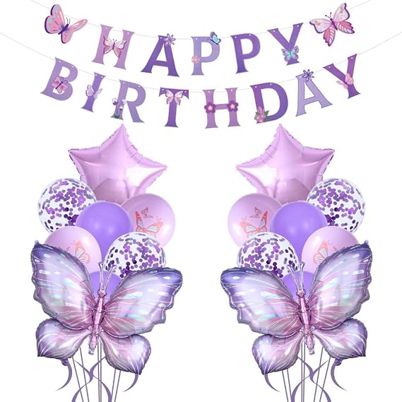 Purple Butterfly Balloons & Banners - 18pcs Happy Birthday Decorations