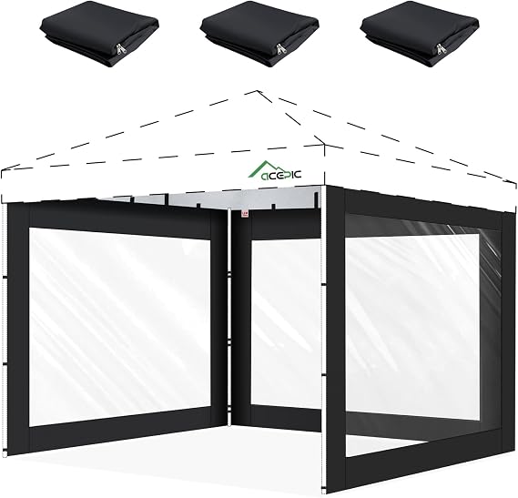 ACEPIC 10x10ft Clear Sidewalls for Canopy,Black(3PCS, No Frame or Top)