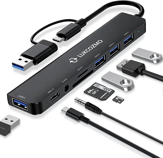 LUKCOZMO USB-C 8-in-1 Hub USB 3.0 SD/TF Audio Mac iPad Dell HP Phones Black