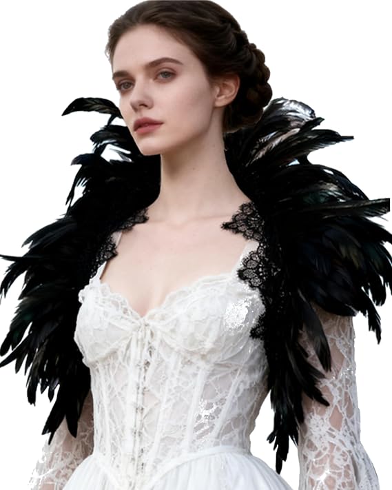 Women's Feather Cape Shawl Collar Gothic Witch Crow Shoulder Wrap