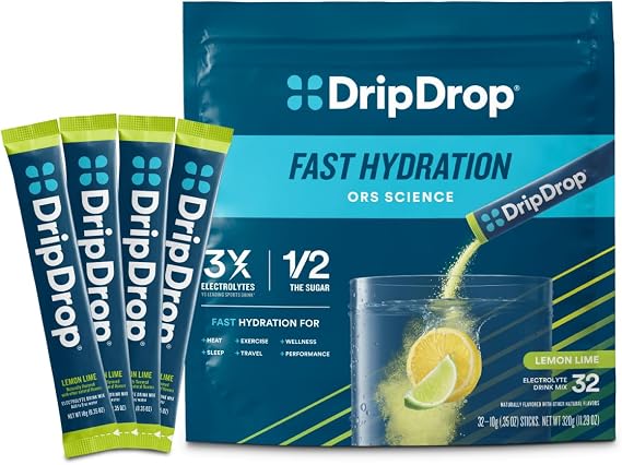 DripDrop Hydration Lemon Lime Electrolyte Packets, Drink Mix, 32 Count | Lemon Lime; 3X Electrolytes; Potassium, Magnesium, Zinc, Vitamin C; Single Serve; Portable; Daily Use, Workouts, Travel