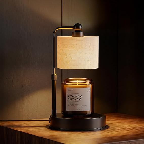 Candle Warmer Lamp with Timer and Dimmer, Height Adjustable Electric Candle Warmer Lamp for Jar Candles, Includes 2 Bulbs, Birthday Gifts for Women, Housewarming Gifts for Mum Her, Beige Linen Look [Energy Class E]