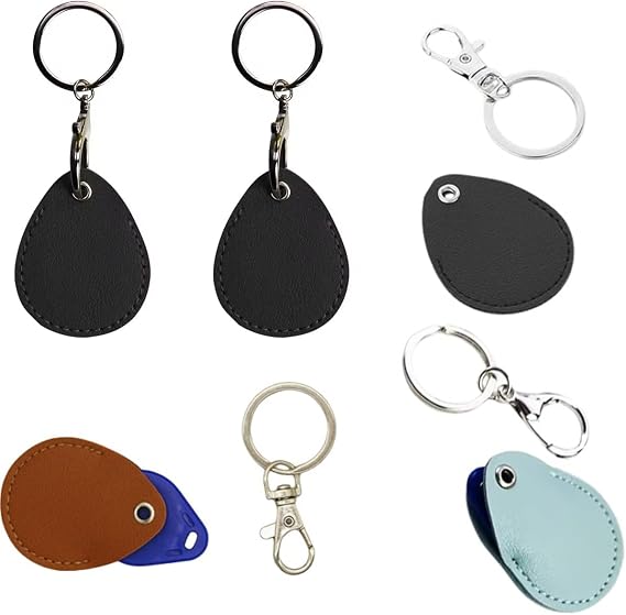 5 Pack RFID Key Fob Holder PU Leather Proximity ID Card Key Chain Protector Case Cover with Key Carabiner Clip Keychain Rings Keeper for 125khz RFID Keyfob Token Tag Door Entry Access Control