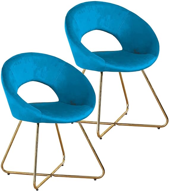 Modern Accent Velvet Chairs Living Room Chairs Set of 2, Dining Chairs Single Sofa Comfy Upholstered Arm Chair Mid Century Leisure Lounge Chairs with Golden Legs Blue