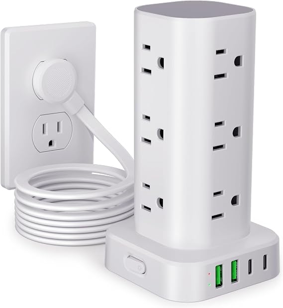 10FT Power Strip Tower Surge Protector, 12 Wide Spaced Outlets, 4 USB