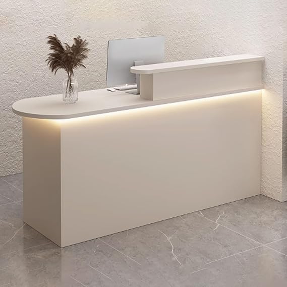 Beige Reception Desk with Storage | 0.8m Stylish Office Counter Table | Modern Lobby Front Desk with Soft LED Lighting | Efficient Receptionist Workstation