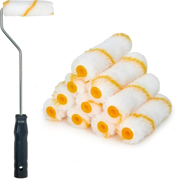 PILOT FISH 11Pcs Paint Roller Kit, Small Paint Roller with 10Pcs 4 inch Covers, Mini Paint Roller with Long Roller Frame, Paint Rollers for Painting Walls, Wall Painting Tools