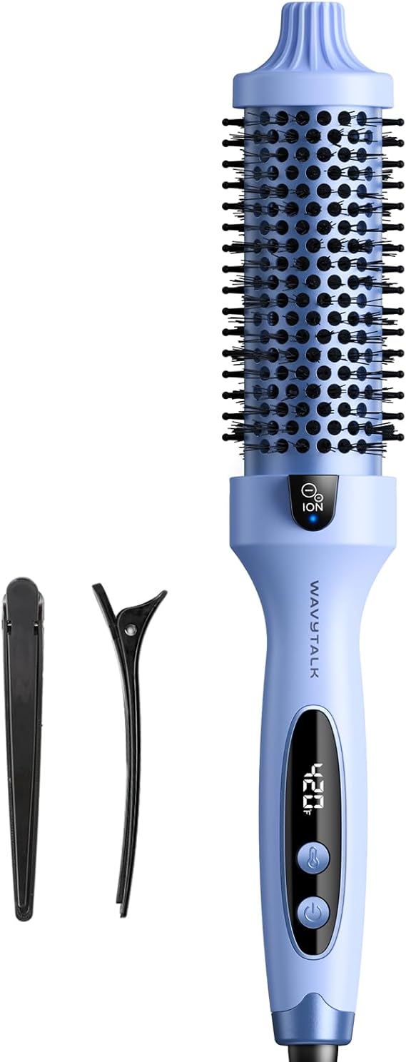 Wavytalk Thermal Brush Blowout Boost 1.5 Heat Round Brush for Blowout Look | Negative Ion Technology, Tourmaline Ceramic, 5 Temperature Settings Dual Voltage, Less Damage, Blue