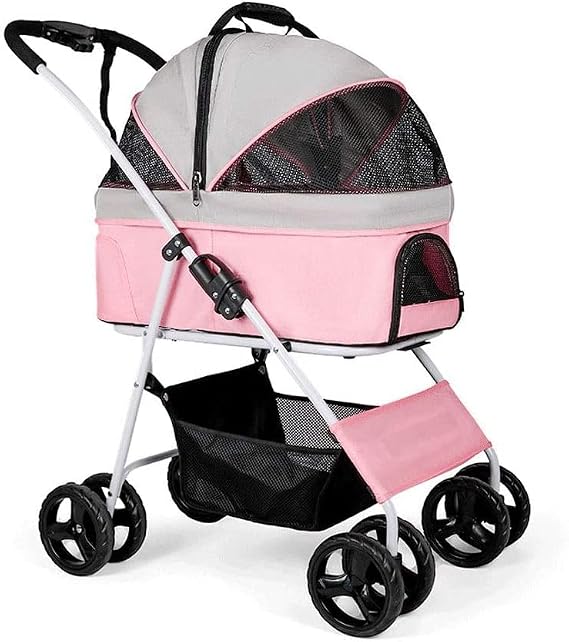 Premium Pet Stroller for Medium Dogs Cat Dog Stroller, 2 Cats Foldable Cat Stroller Dog Stroller Small Dog Stroller Breathable Dog Stroller Stroller Buggy Cart Color: Gray A Pink