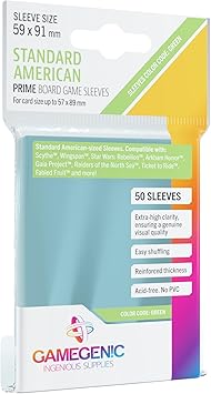Prime Board Game Sleeves | Pack of 50 Extra-Clear Sleeves | 59 by 91 mm Card Sleeves Optimized for Standard American Card Games | Premium Card Protection | FFG Green Color Code | Made by Gamegenic