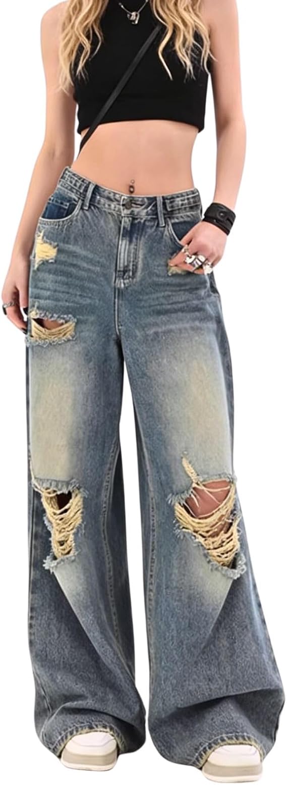 Baggy Jeans for Women Men Ripped Straight Leg Pants High Waisted Distressed Jeans Y2K Grunge Summer Clothes. 