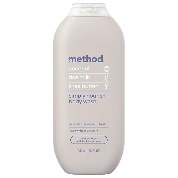 method Body Wash, Simply Nourish, 18 fl oz | Soothing Formula, Leaves Skin Feeling Soft & Moisturized, Made Without Parabens, Notes of Coconut, Rice Milk & Shea Butter