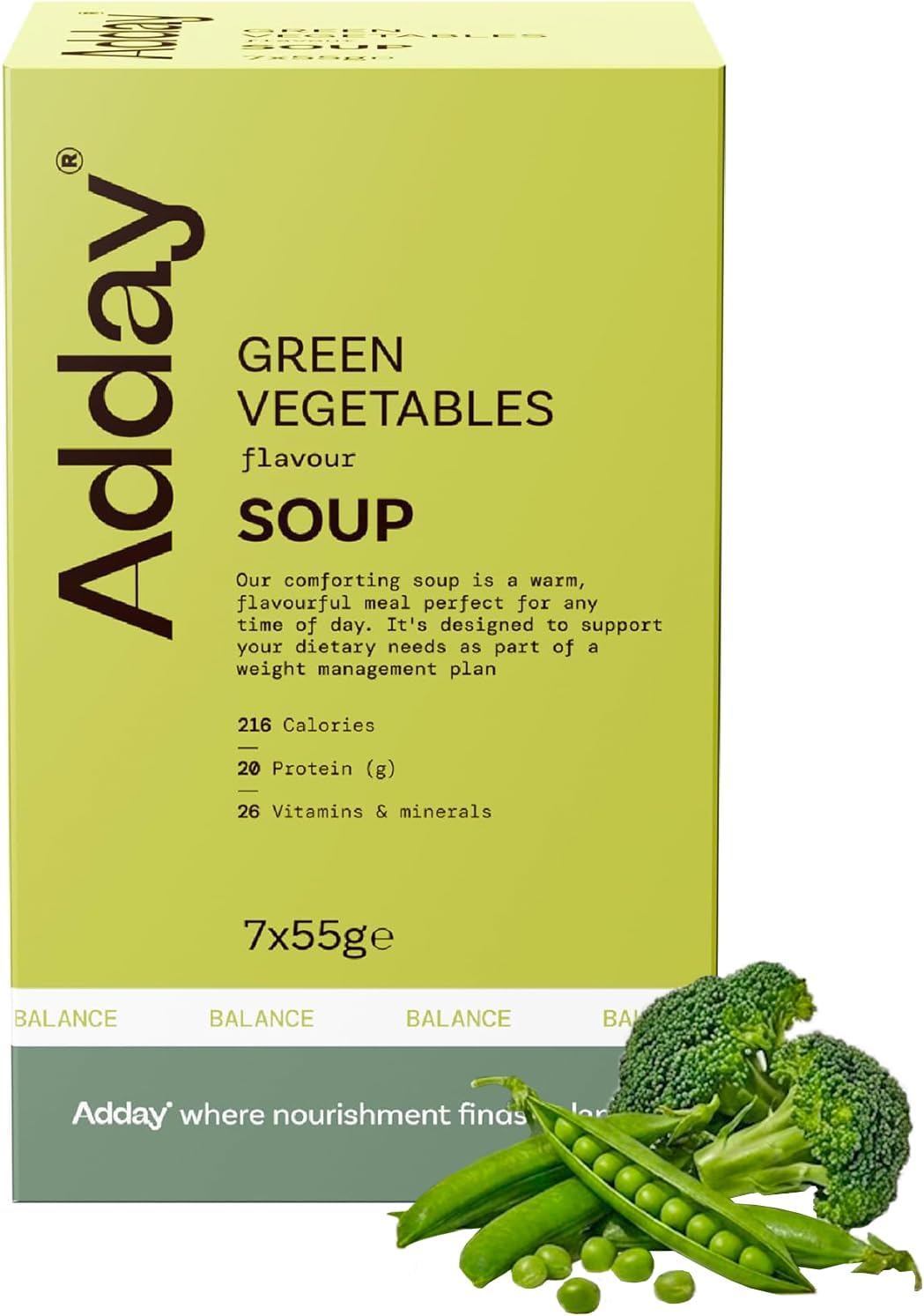Adday High Protein Meal Replacement Soup Green Vegetables- 7 Complete Meals- 20g Protein- Low Calorie Total Diet Replacement- Gluten Free, Vegetarian, Halal, Kosher