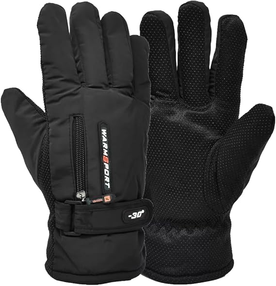Waterproof Fleece Thermal Ski Gloves Winter Warm Waterproof Men Women Snowboard Zipper Pocket Anti-Skid Snowboarding Driving Work Gloves Mitten - Black