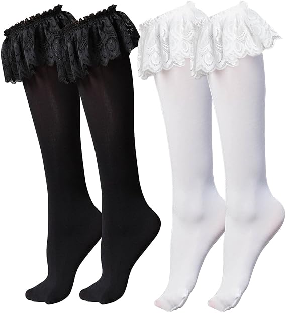 2 Pairs Lace Knee High Socks for Women - Adult Velvet Ruffle Socks in Black and White