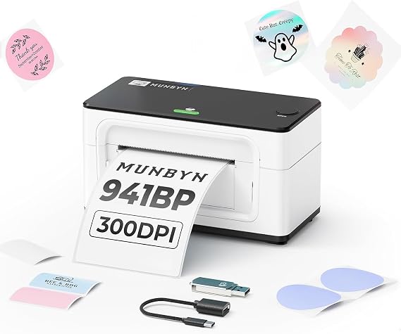 MUNBYN Thermal Label Printer 300DPI, 4x6 USB Shipping Label Printer for Shipping Packages Small Business, Thermal Printer for USPS Shopify Ebay Labels, One Click Installation for Windows Mac