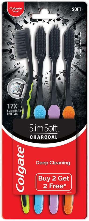 Colgate SlimSoft Charcoal Toothbrush Set of 4 | Soft Bristles | Deep Cleaning