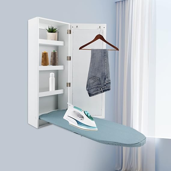 Wall Mounted Ironing Board, Cabinet with Built-in Ironing Board, Hide Away Foldable Ironing Storage Station with 3 Tier Shelf and Mirror for Home, Apartment, Laundry Room, Small Spaces
