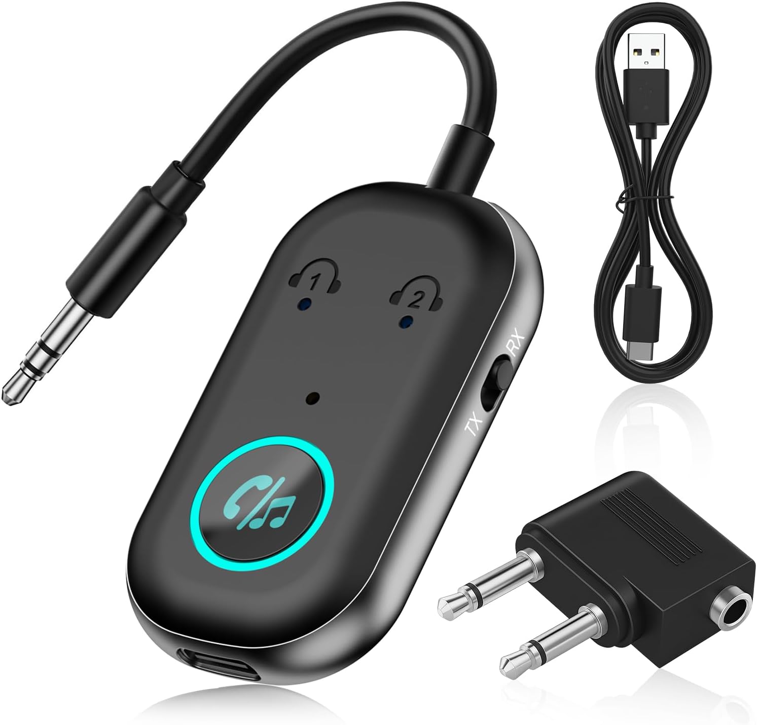Bluetooth 5.3 Transmitter Receiver, 2 in 1 Airplane Bluetooth Adapter Compatible with 2 AirPods & Wireless Headphones for TV, 3.5mm Jack Audio Transmitter for TV,for T-VAirplaneHeadphoneAirpodsCar
