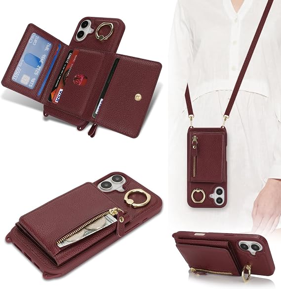 for iPhone 16 Plus Wallet Case with Card Holder for Women,for iPhone 16 Plus Case with Strap Crossbody Lanyard Stand Ring,PU Leather Shockproof Zipper Pocket Phone Case-Wine red
