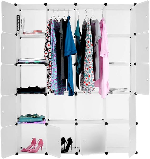 Devo Portable Wardrobe for Hanging Clothes, Cube Storage Organizer, DIY Closet Clothes Plastic Wardrobe for Space Saving (20 Cubes) with Hammer (White)