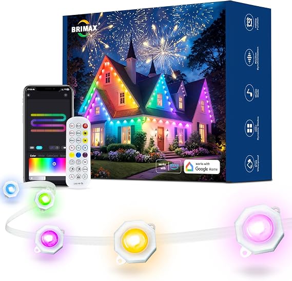 BRIMAX 50ft Permanent Outdoor Lights for House,30 Smart RGB+IC LEDs Christmas Light Outside,16 Million DIY Colors,IP65 Waterproof, Compatible with Alexa,Google Assistant,Holiday Daily Decoration
