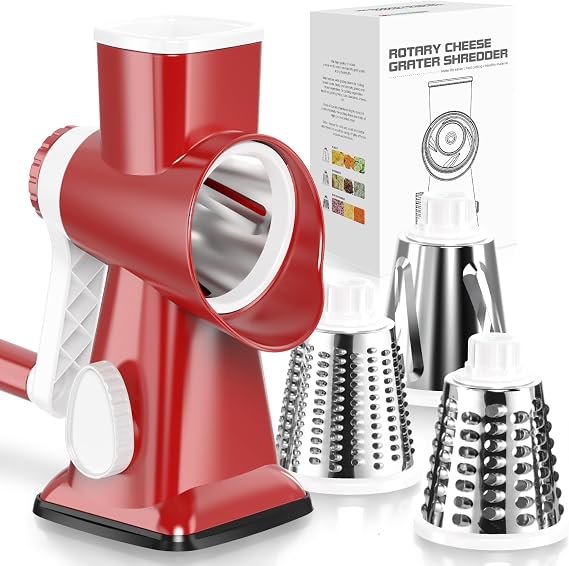Badelite Cheese Grater Hand Crank Rotating Cheese Shredder Stainless Steel Vegetable Slicer Grater for Kitchen 3 Blades for Cheese, Carrot, Cucumber, Nuts, Chocolate, Red
