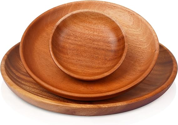 VieWood Round Wood Plates Charger, Wooden dinnerware set of 3 for dishes snack, dessert or occasions (4.7in, 7.9in and 10in)