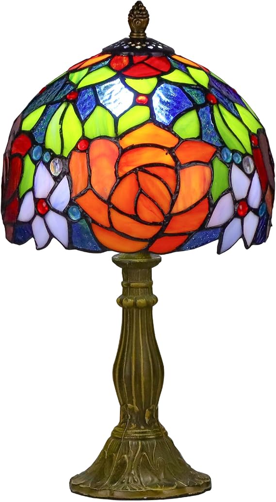 Tiffany Style Lamp Rose Flower Stained Glass Table Lamp red Rose 8X8X14 Inches Home Office Desk Lamp Lights Decorate Gift Include Light Bulb [Energy Class F]