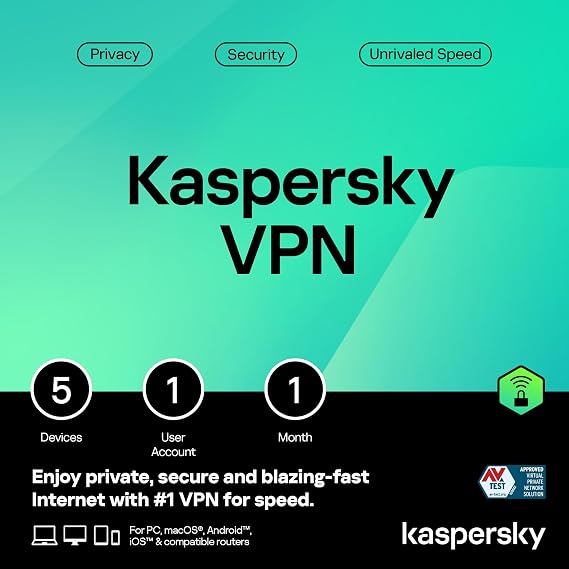 Kaspersky Secure Connection VPN 2026 | 5 Device | 1 User | 1 Month | Unlimited Superfast | Secure & Anonymous | 2,000+ Global Servers | Privacy & Anonymity | Stream Video | PC/Mac/Mobile
