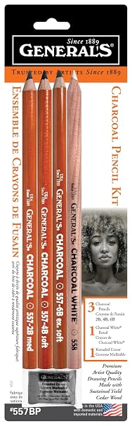 Generals Charcoal Drawing Set, White/Black, Set of 7 Pencils and 1 sharpner - 557-6A