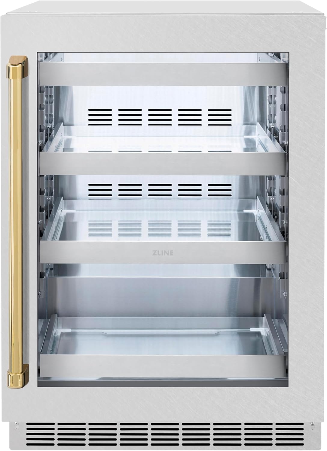 ZLINE Autograph Edition 24 in. Touchstone 151 Can Beverage Fridge With Satin Stainless Steel Glass Door And Polished Gold Handle RBSOZ-SN-24-G