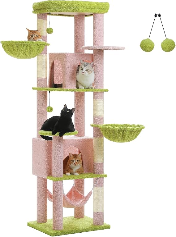 71.2" Cat Tree for Large Cats, Cat Tower with 2 Spacious Condos,Pink | Cat Tree Tower with 2 Spacious Condos, Scratching Pad, 4 Cat Scratching Posts, 2 Top Perches, 2 Pompoms