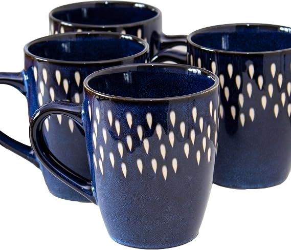 Darthome Blue Splash Reactive Glaze 350ml Mugs Set of 4 Stoneware Rain Drop Coffee Cups