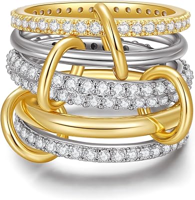 TLY Gold Silver Stackable Rings for Women Mixed Metal Interlocked Statement Ring Stack 14K Gold Plated Cubic Zirconia Fashion Two Tone Connected Bands Size 4-11 Valentines Day Jewelry gifts