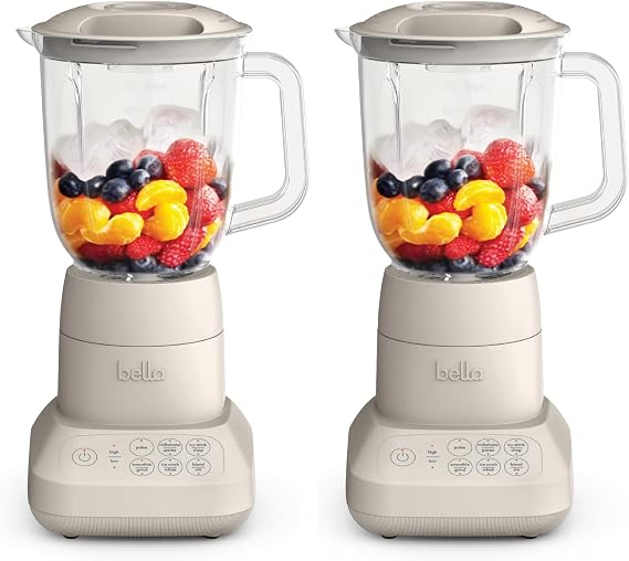 bella 10 Speed Countertop Blender,Juicer&Smoothie Maker,Fits-anywhereTM Kitchenware,Slim Flip&Store Design,Dishwasher Safe 48oz Capacity Pitcher-&Lid,Stainless Steel Blade,450 Watt,Oatmilk,(Pack of 2)