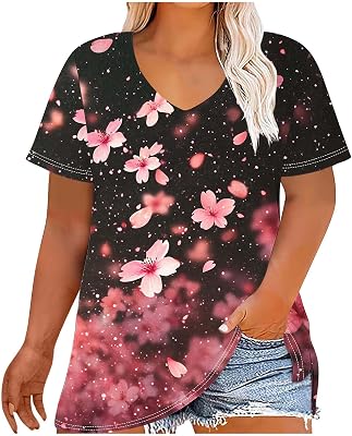Womens Plus Size Tops Floral Printed Short Sleeves V Neck Dressy Blouses Summer Side Split Loose Casual Tee Shirts